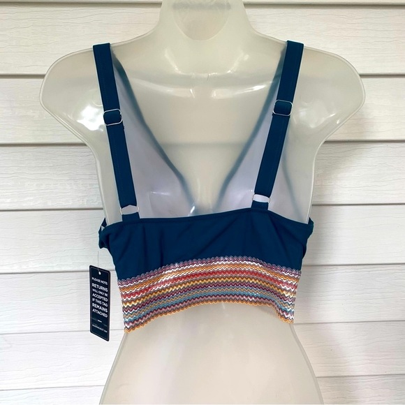 3 for $30 Classic Blue Bikini Top size L with multi color Striped Band NWT - Picture 3 of 4
